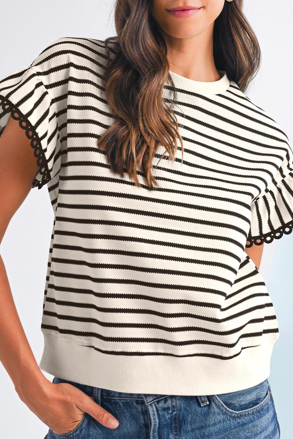 Black Stripe Scallop Lace Trim Ruffle Sleeves Crewneck Top - Kustom Kreations Goods