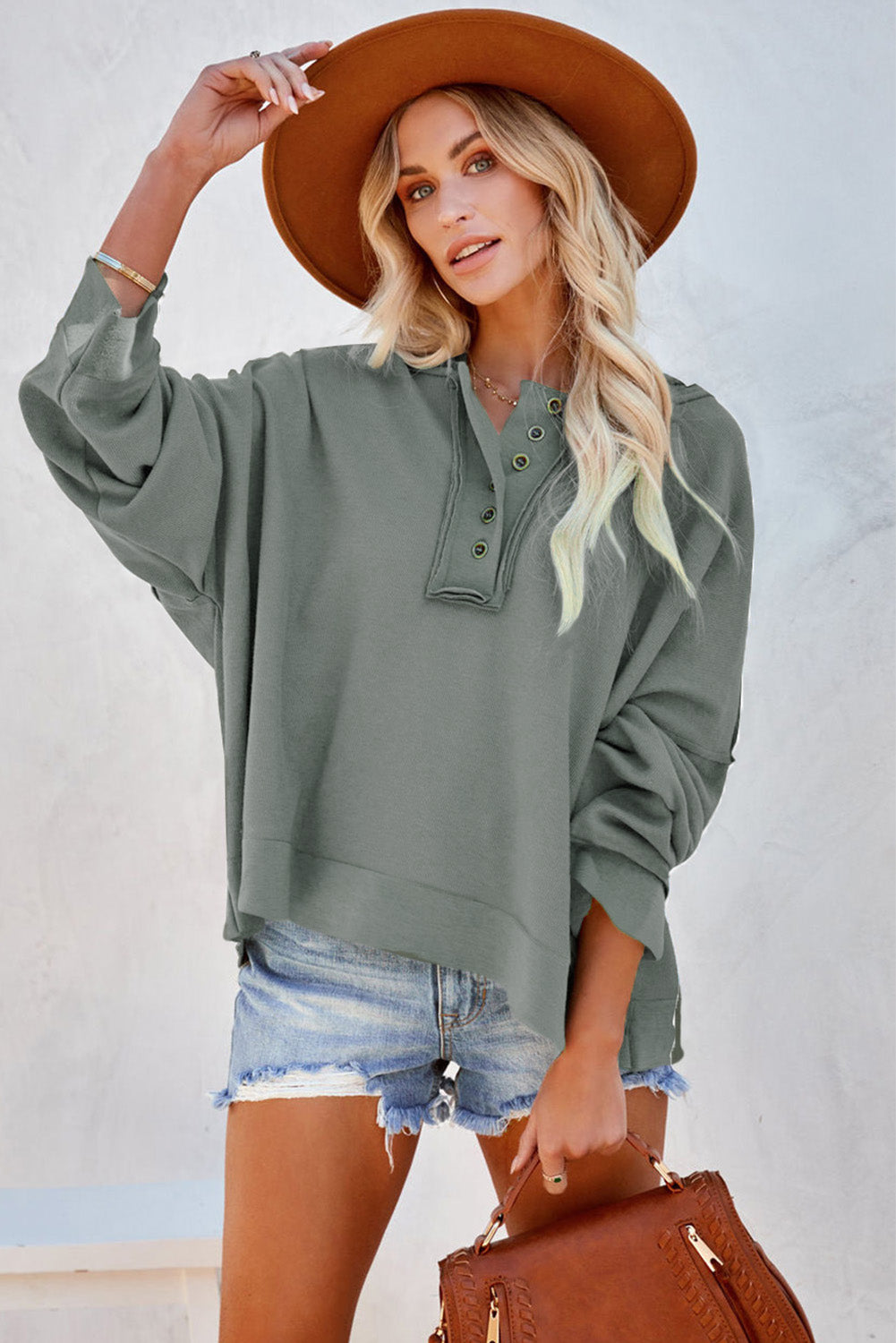 Khaki Solid Casual Button Patchwork Seam Trim Hoodie