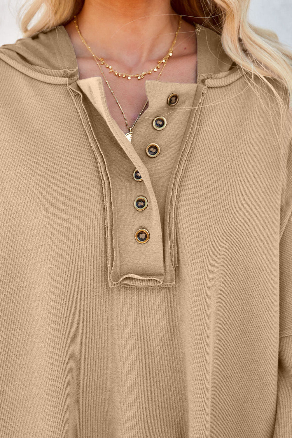 Khaki Solid Casual Button Patchwork Seam Trim Hoodie