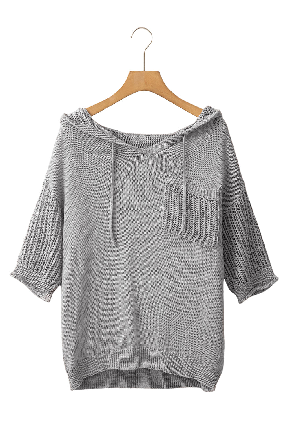 Light Grey Drawstring Short Sleeve Knit Hooded Top