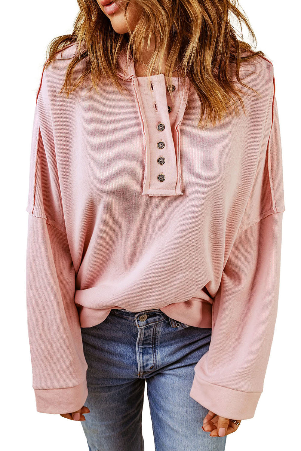 Khaki Solid Casual Button Patchwork Seam Trim Hoodie