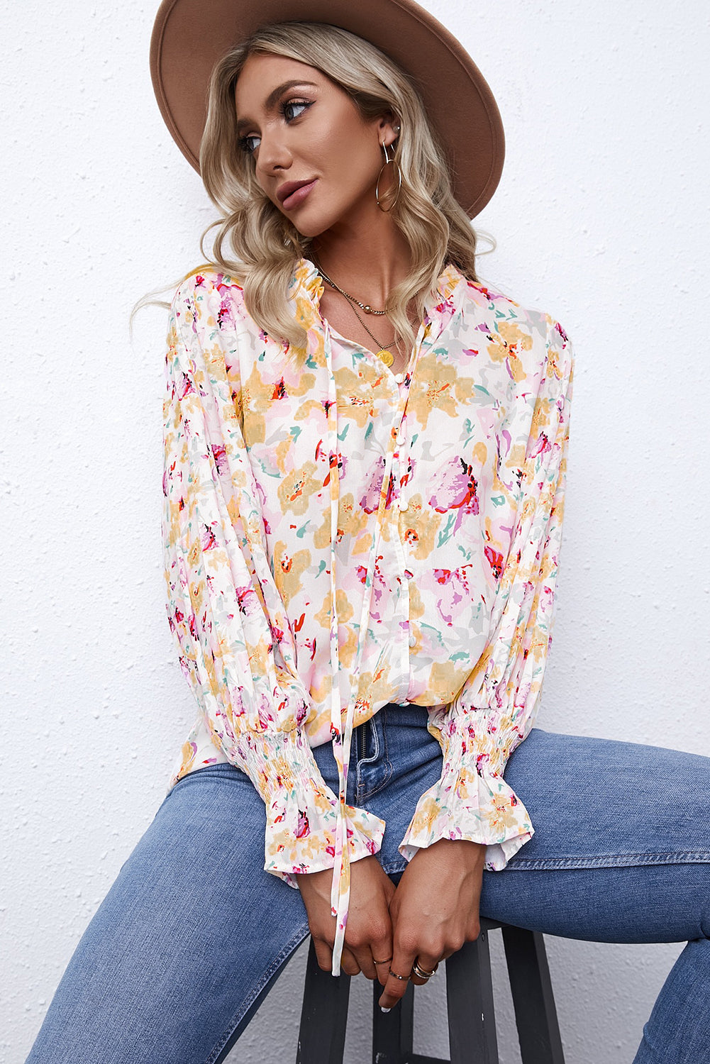 Red Floral Print Boho Tie Front Long Sleeve Blouse for Women
