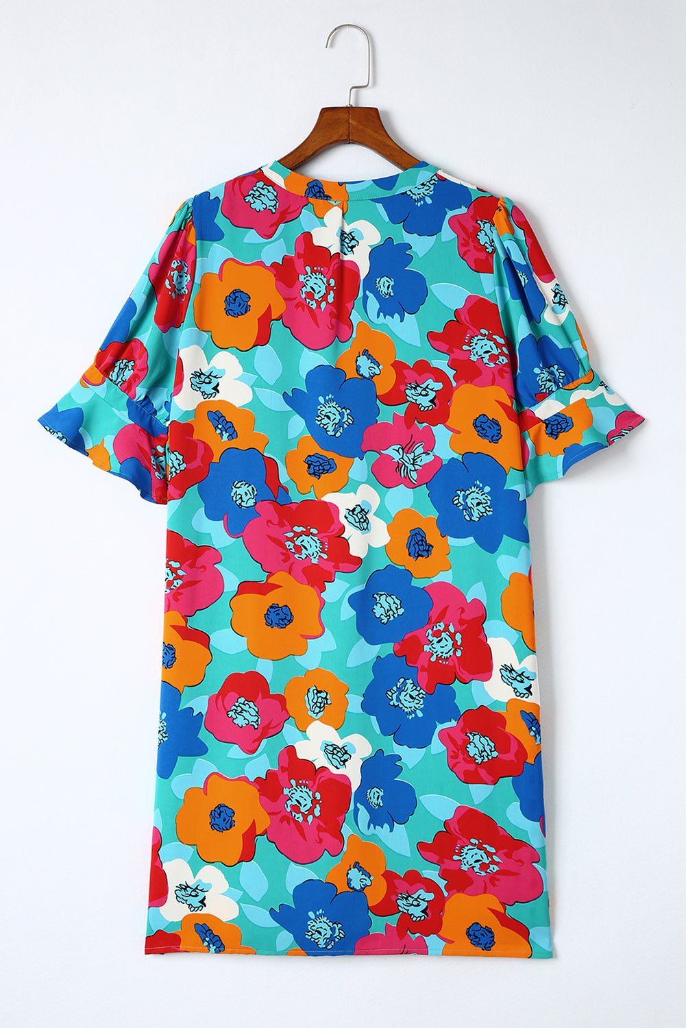 Rose Floral Print Mandarin Collar Short Sleeve Tunic Dress