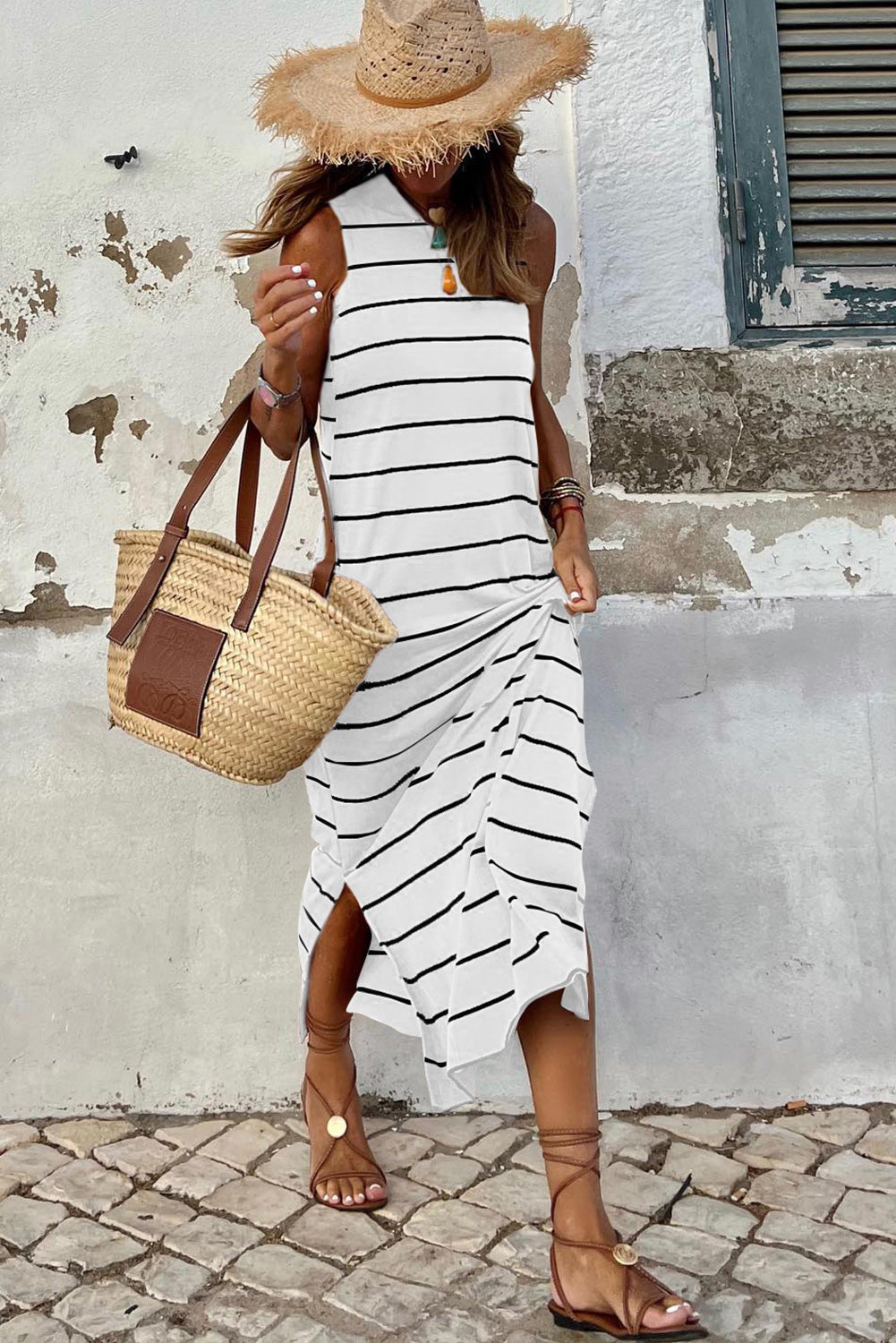White Stripe Print Open Back Sleeveless Maxi Dress With Slits