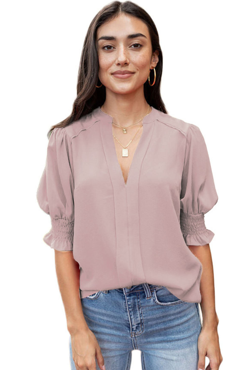 Apricot Solid Puffed Sleeve Shirred V Neck Blouse