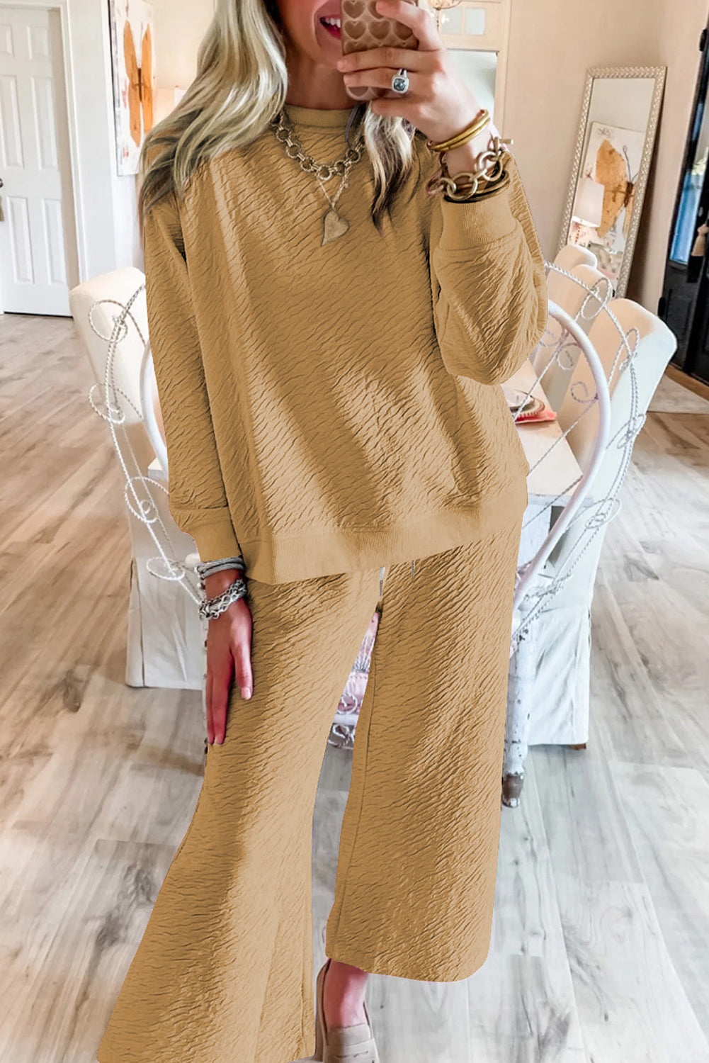 Light Beige Plain Textured Long Sleeve Top and Pants Set