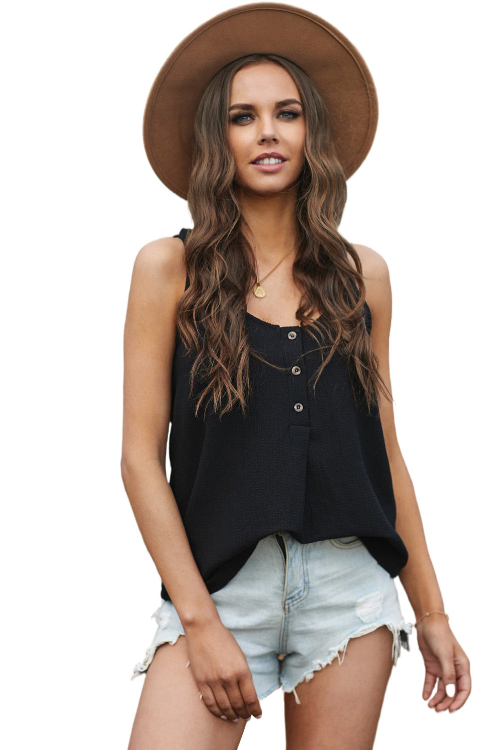 White Scoop Neck Loose Fit Button Front Tank Top for Women