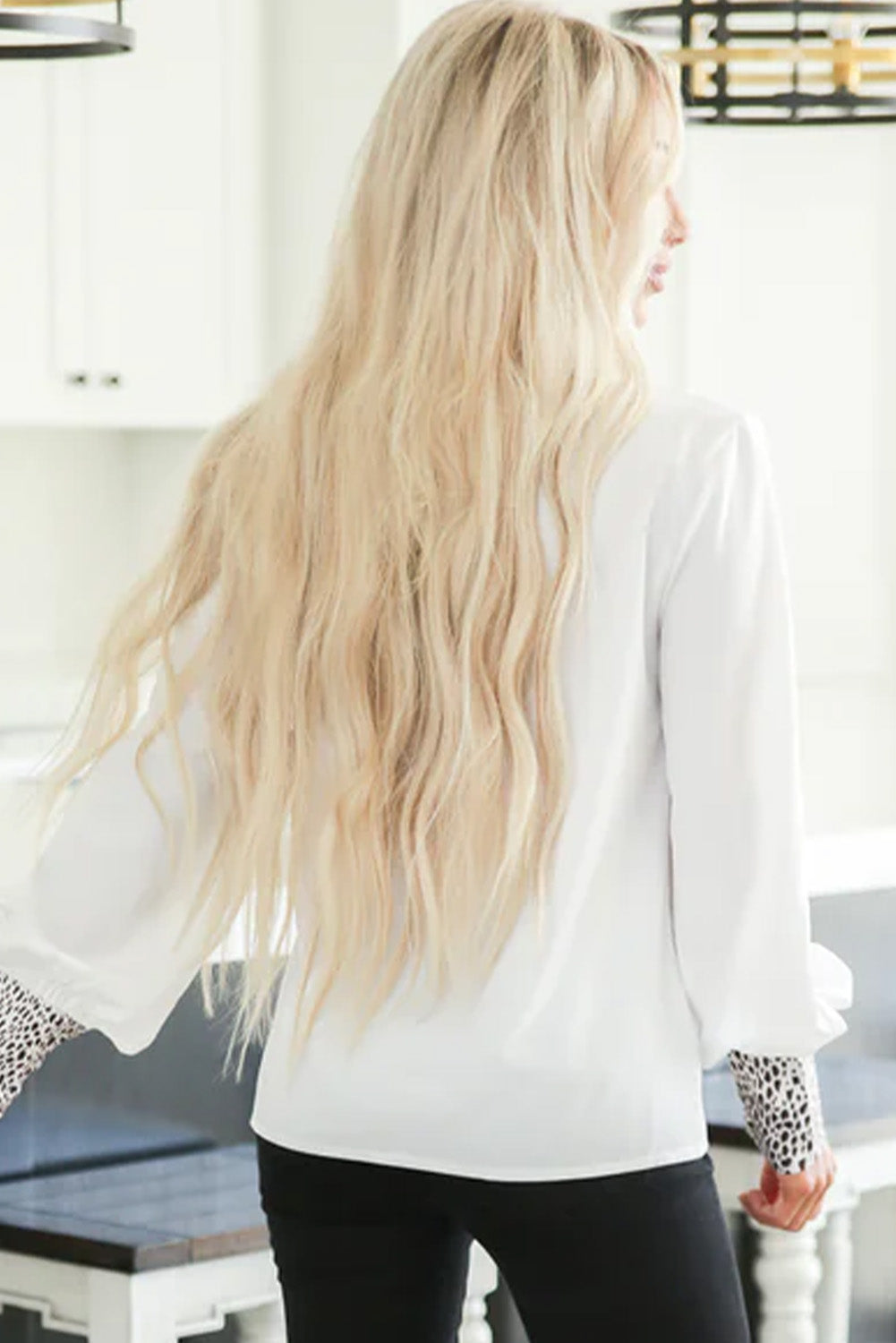 White Cuff Leopard Shirred V-Neck Long Sleeve Blouse