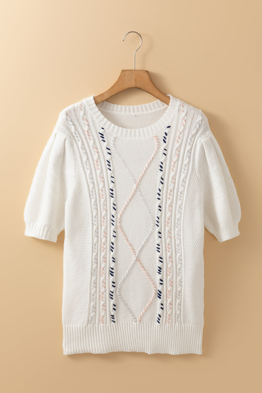 White Argyle Puff Sleeve Knit Top