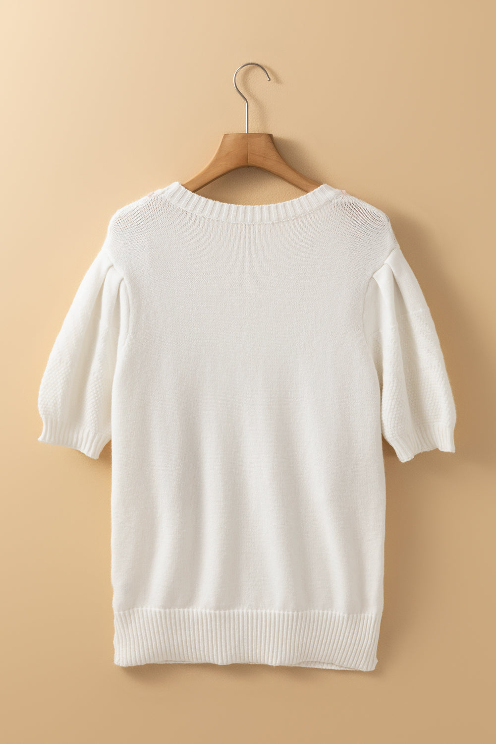 White Argyle Puff Sleeve Knit Top