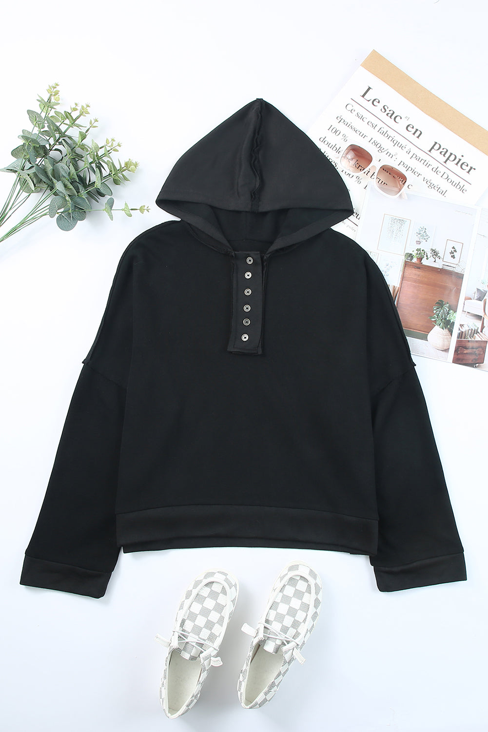 Khaki Solid Casual Button Patchwork Seam Trim Hoodie