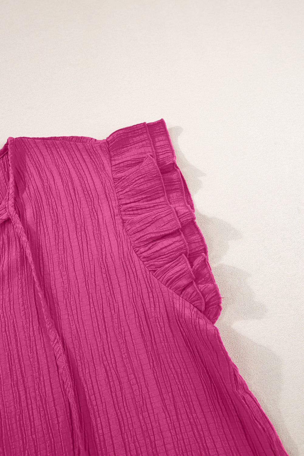 Rose Red Textured Tie Neck Ruffle Sleeve Blouse