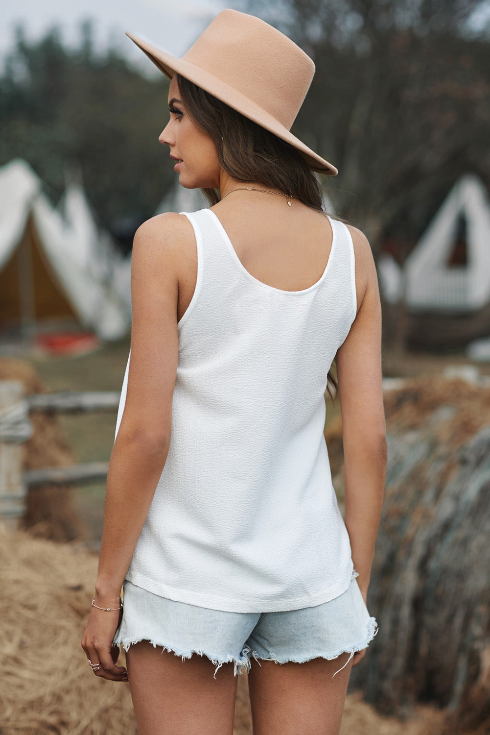 White Scoop Neck Loose Fit Button Front Tank Top for Women