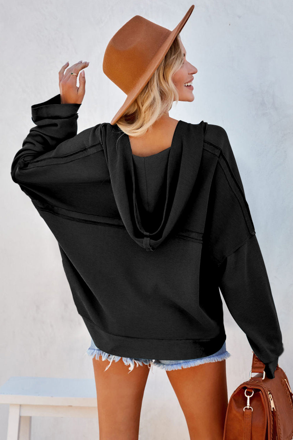 Khaki Solid Casual Button Patchwork Seam Trim Hoodie
