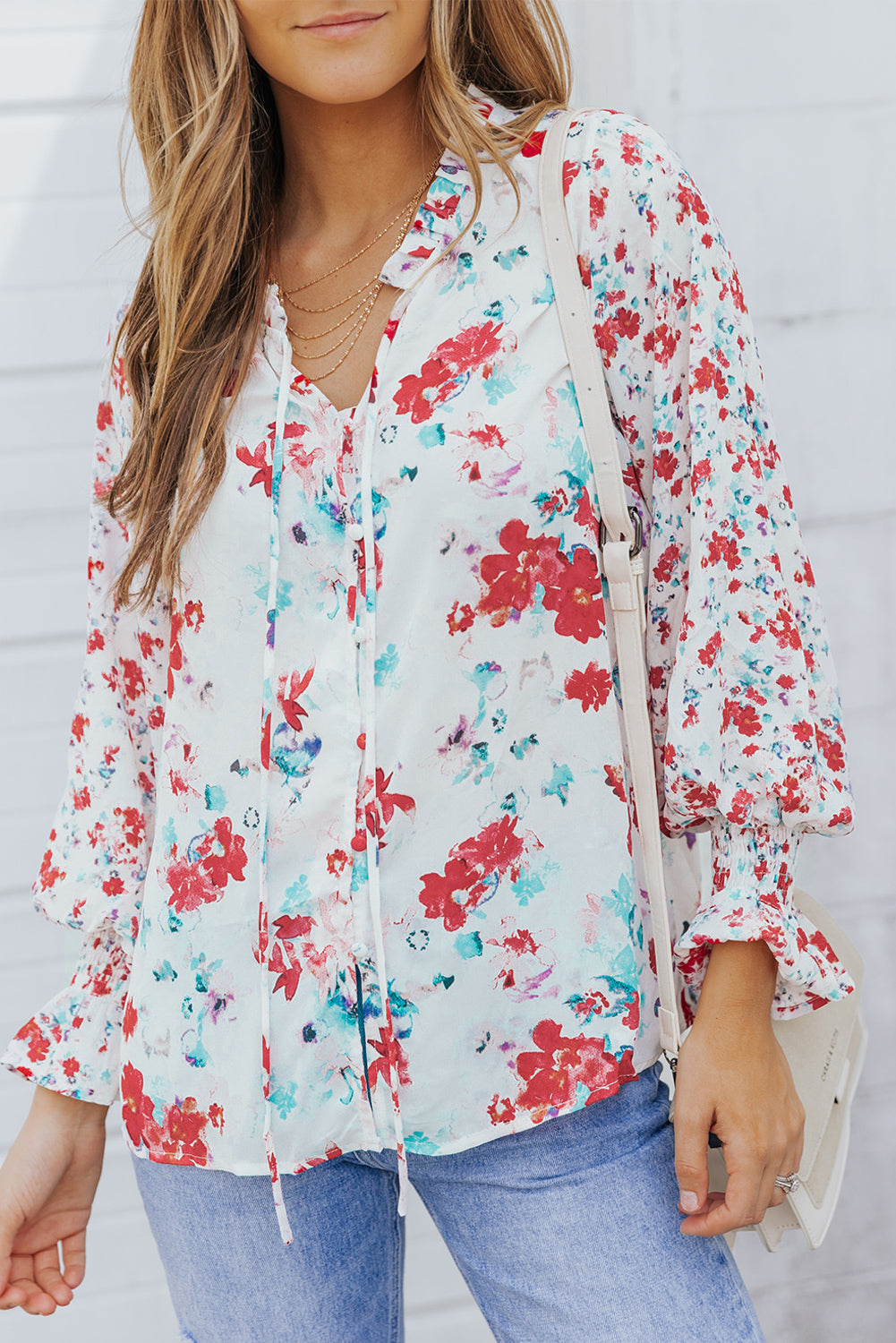 Red Floral Print Boho Tie Front Long Sleeve Blouse for Women