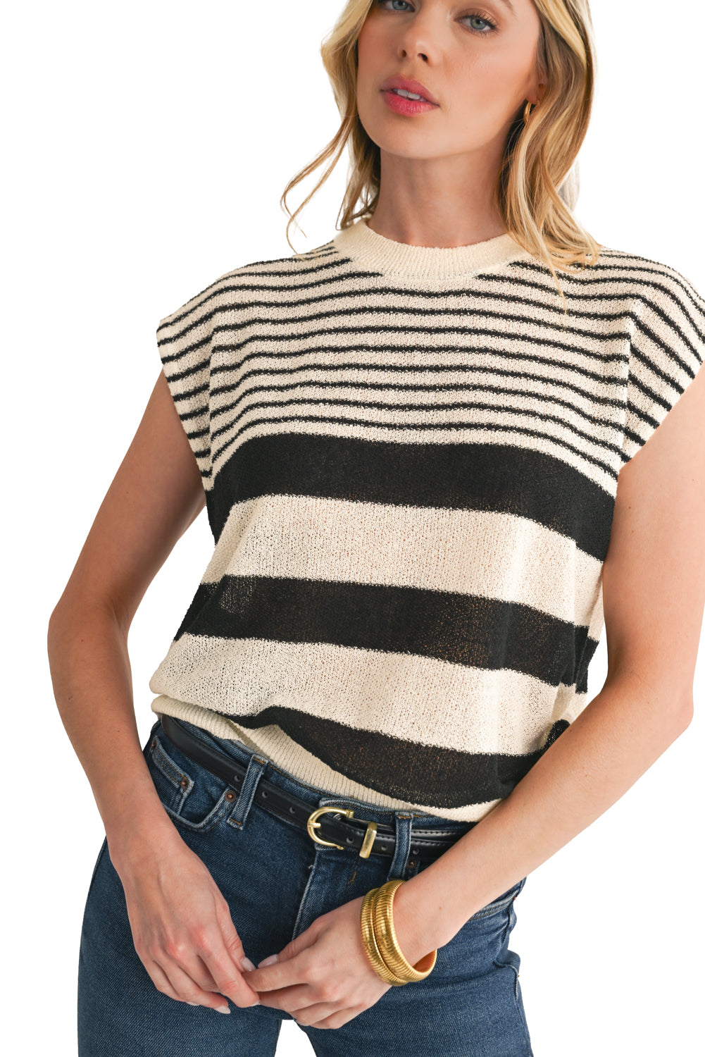 Black White Striped Sleeveless Knit Top
