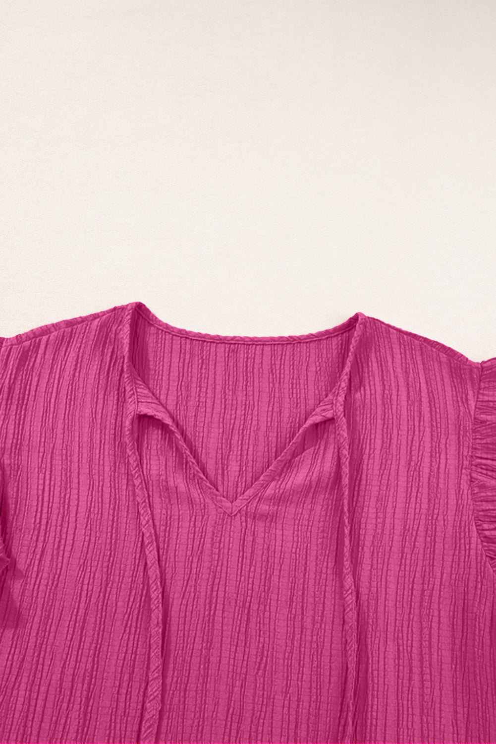Rose Red Textured Tie Neck Ruffle Sleeve Blouse