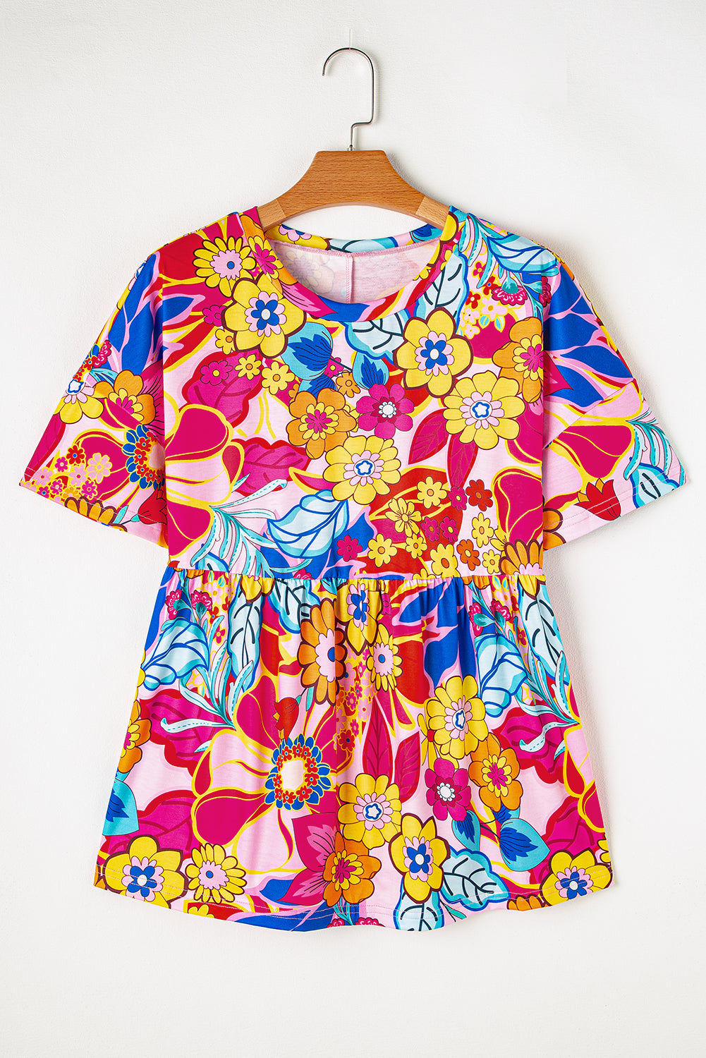 Rose Floral Print Short Sleeve Pleated Babydoll Blouse
