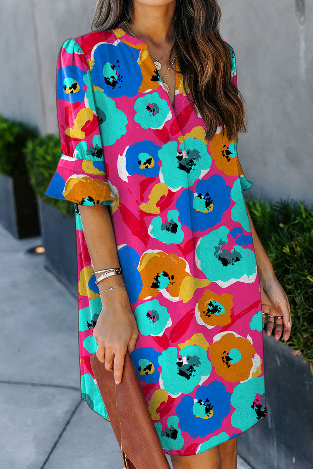 Rose Floral Print Mandarin Collar Short Sleeve Tunic Dress