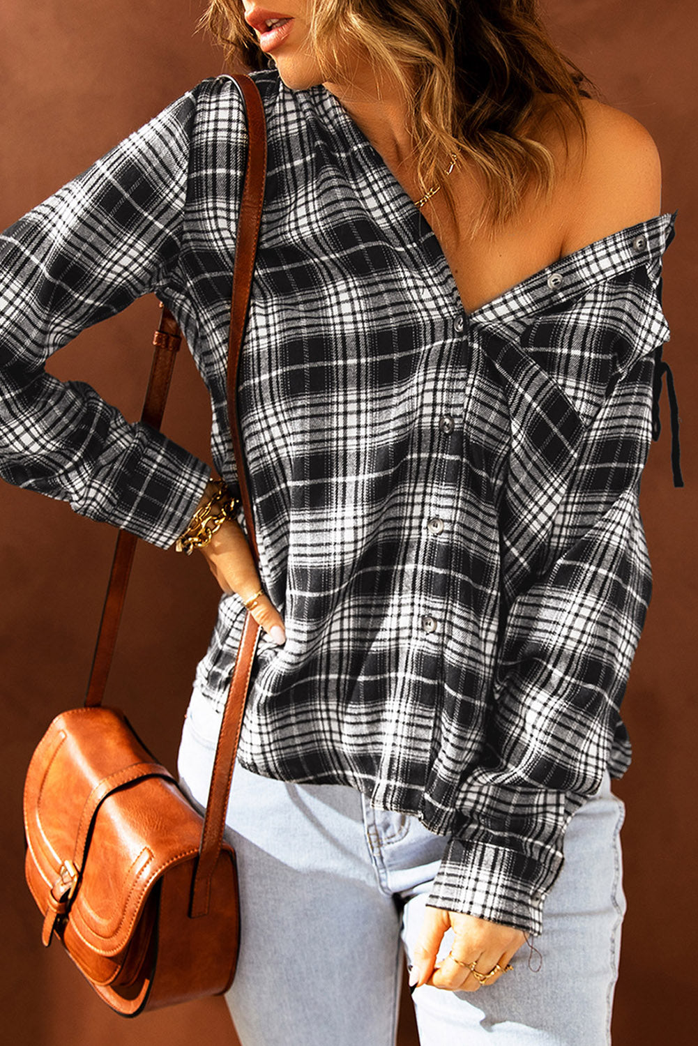 Black Plaid Drawstring Hooded Shacket
