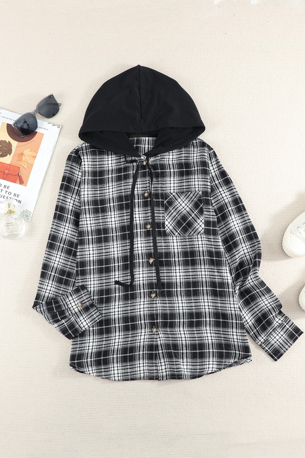 Black Plaid Drawstring Hooded Shacket