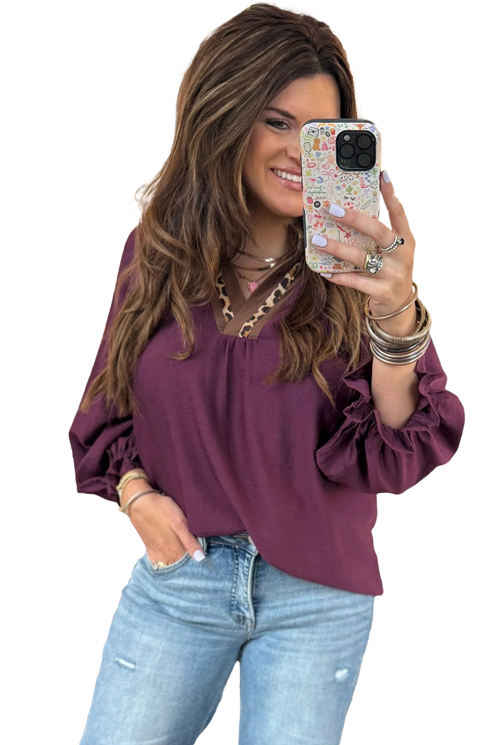 Violet Leopard Trim Notched Neck Bubble Sleeve Blouse