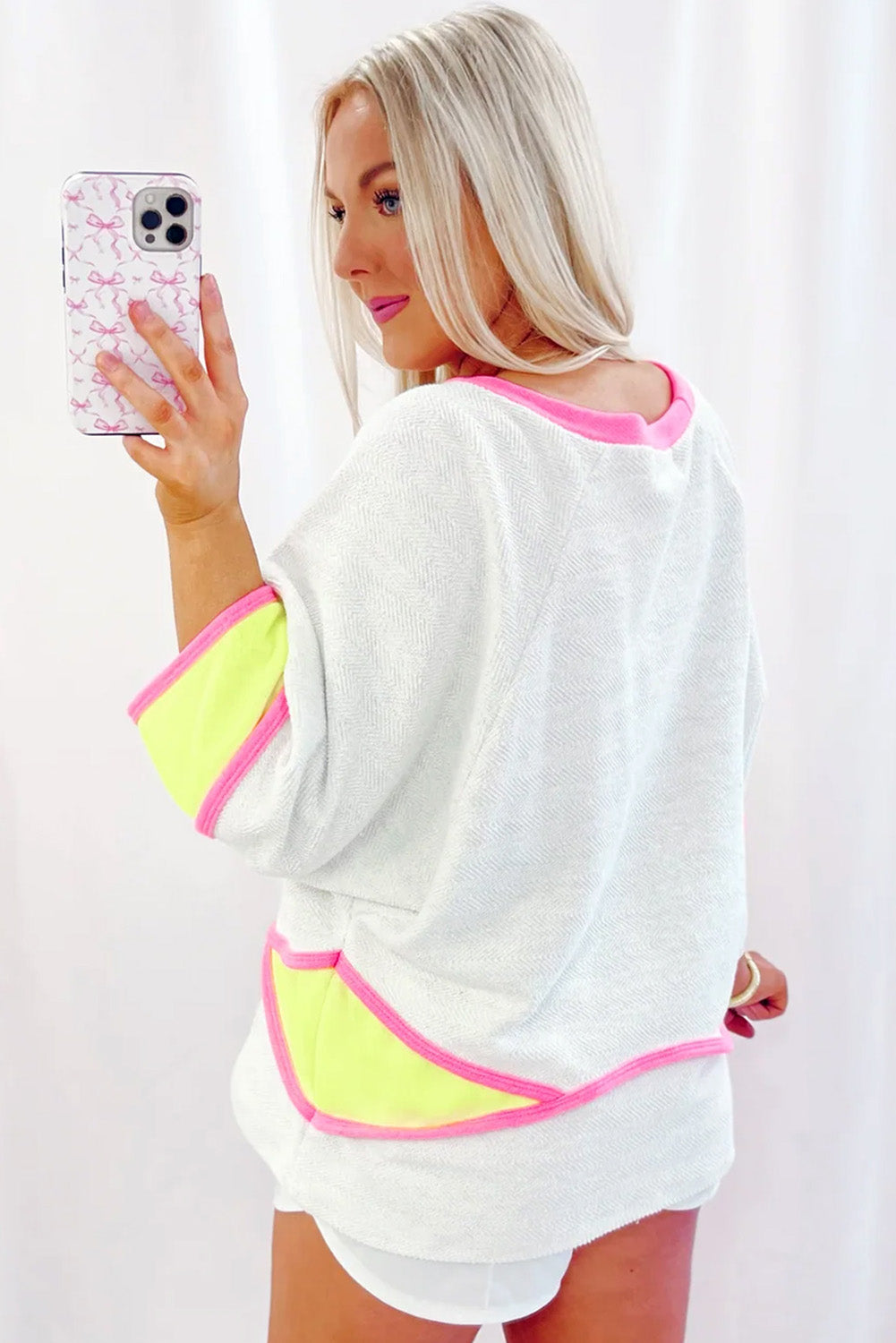 White Colorblock Three Quarter Length Sleeve Round Neck Shift Blouse