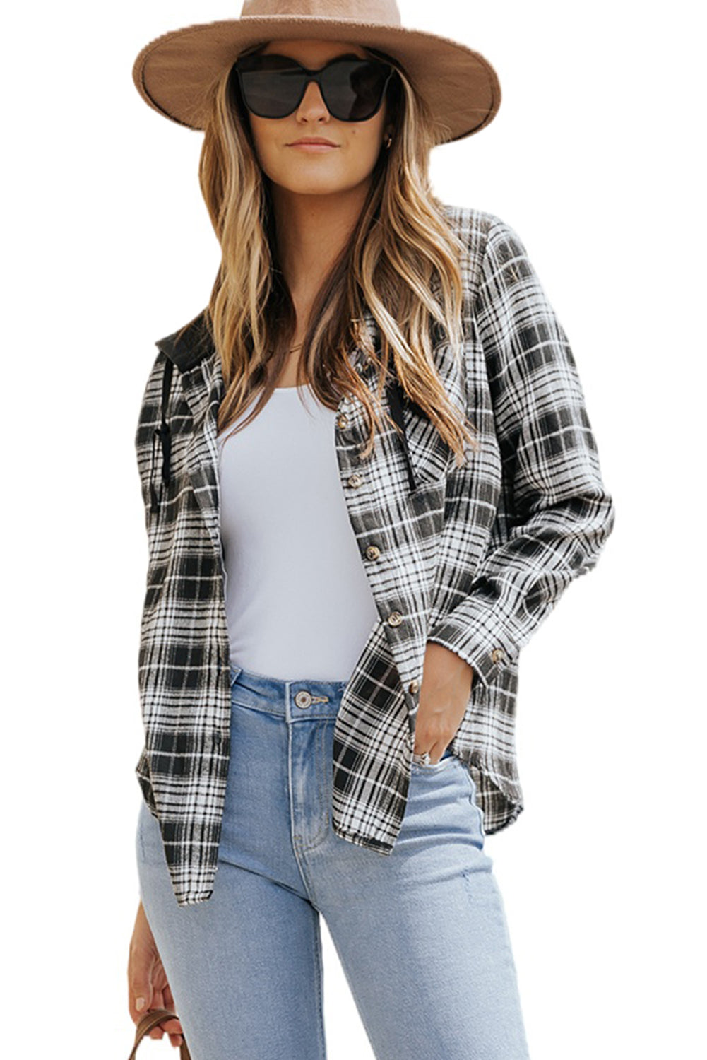 Black Plaid Drawstring Hooded Shacket