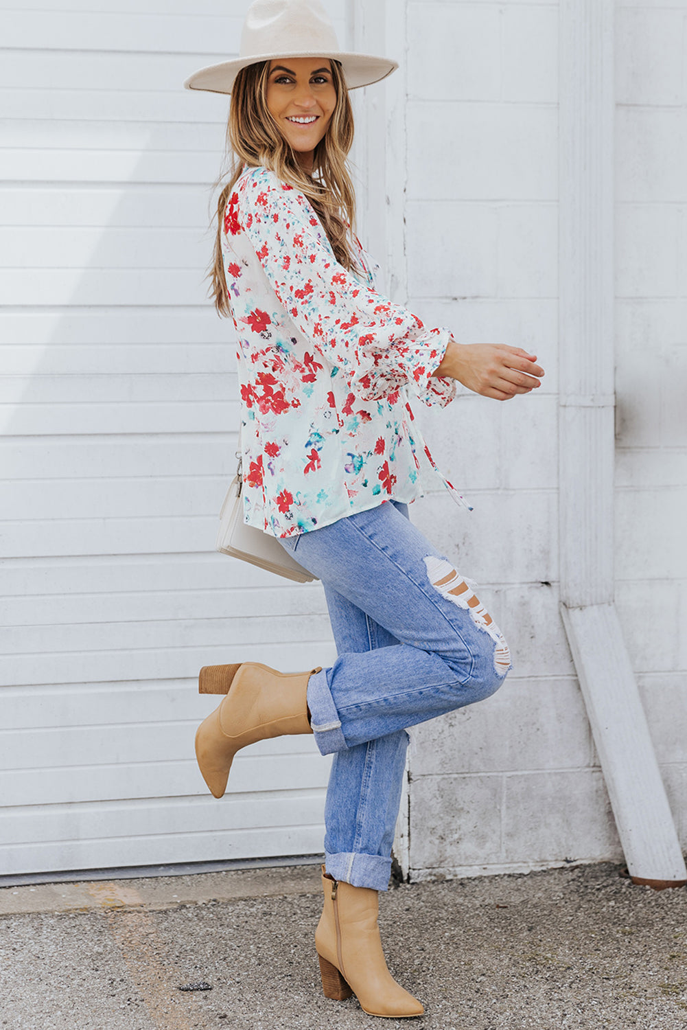 Red Floral Print Boho Tie Front Long Sleeve Blouse for Women