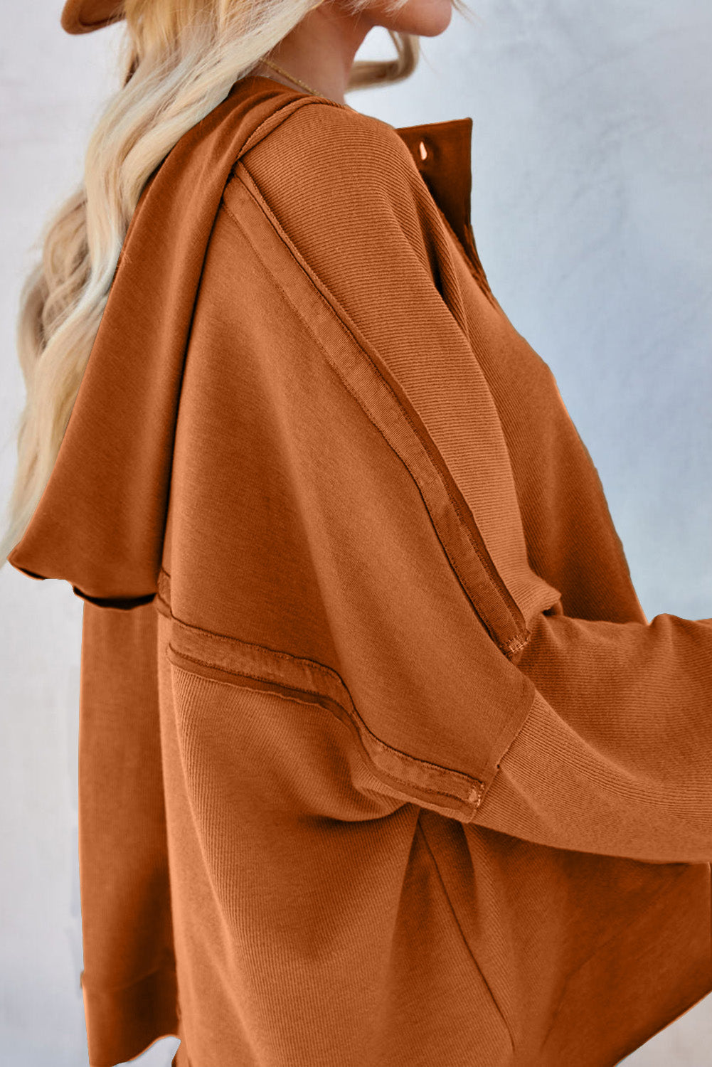 Khaki Solid Casual Button Patchwork Seam Trim Hoodie