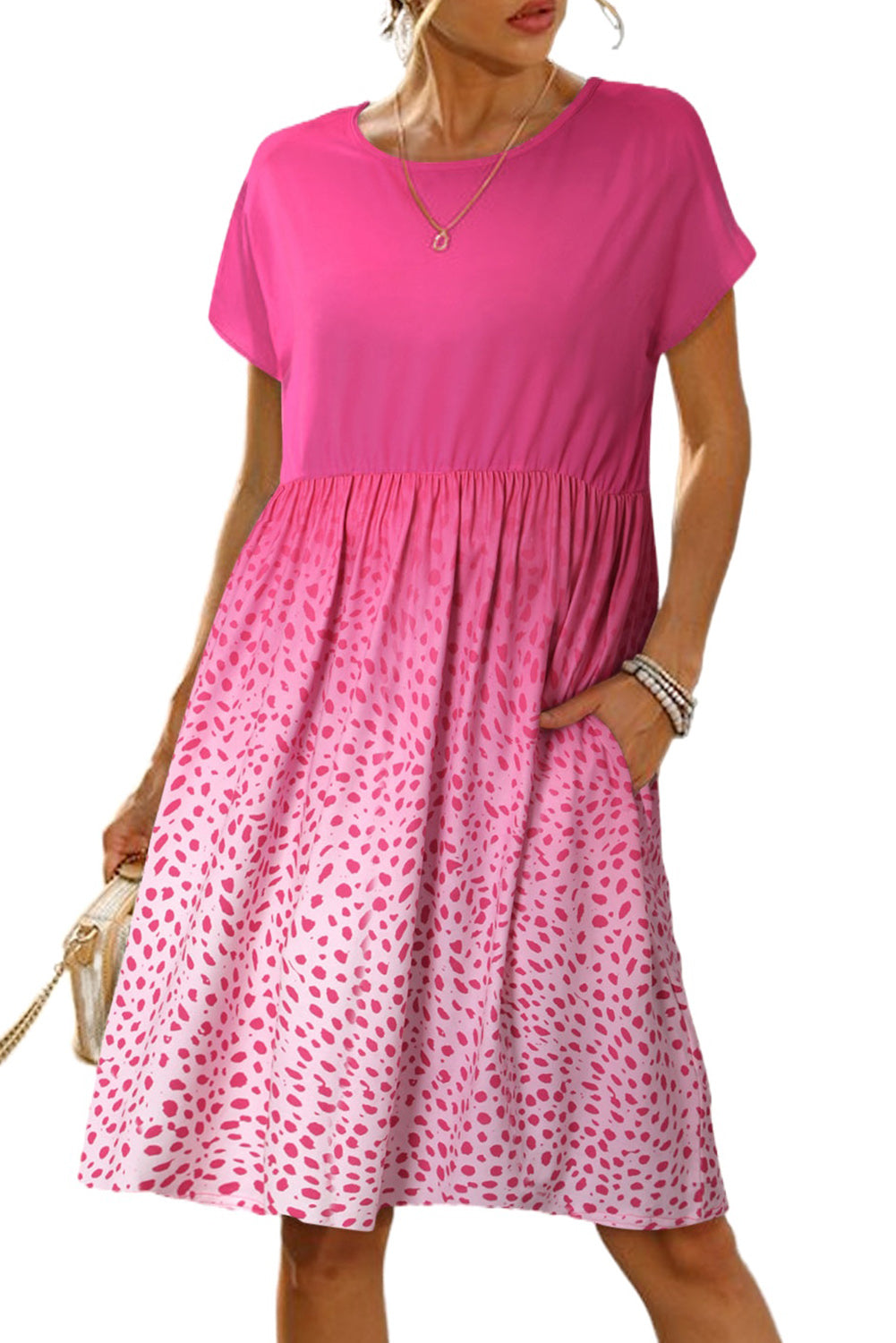 Rose Dotted Contrast Casual Pocket T Shirt Dress