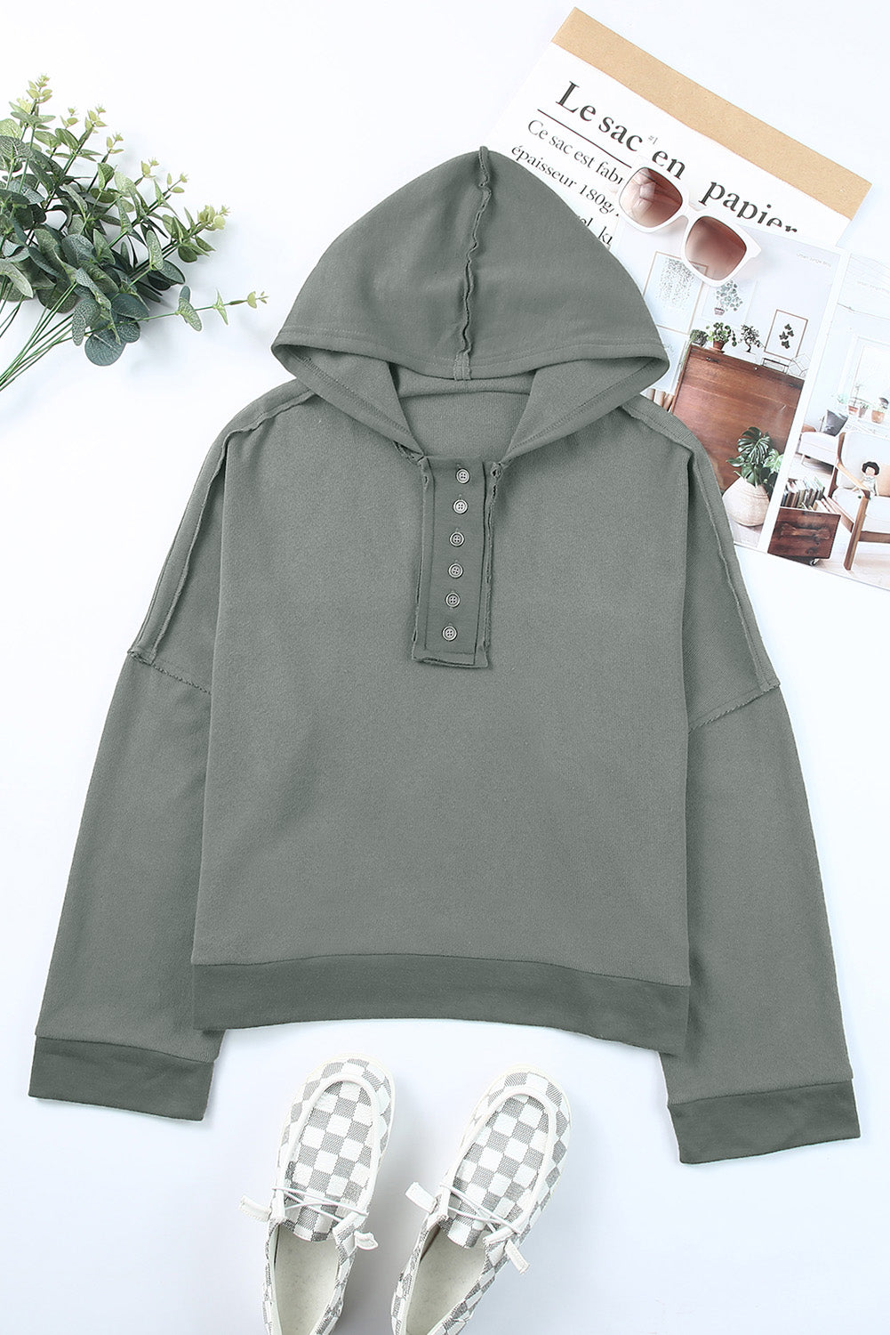 Khaki Solid Casual Button Patchwork Seam Trim Hoodie