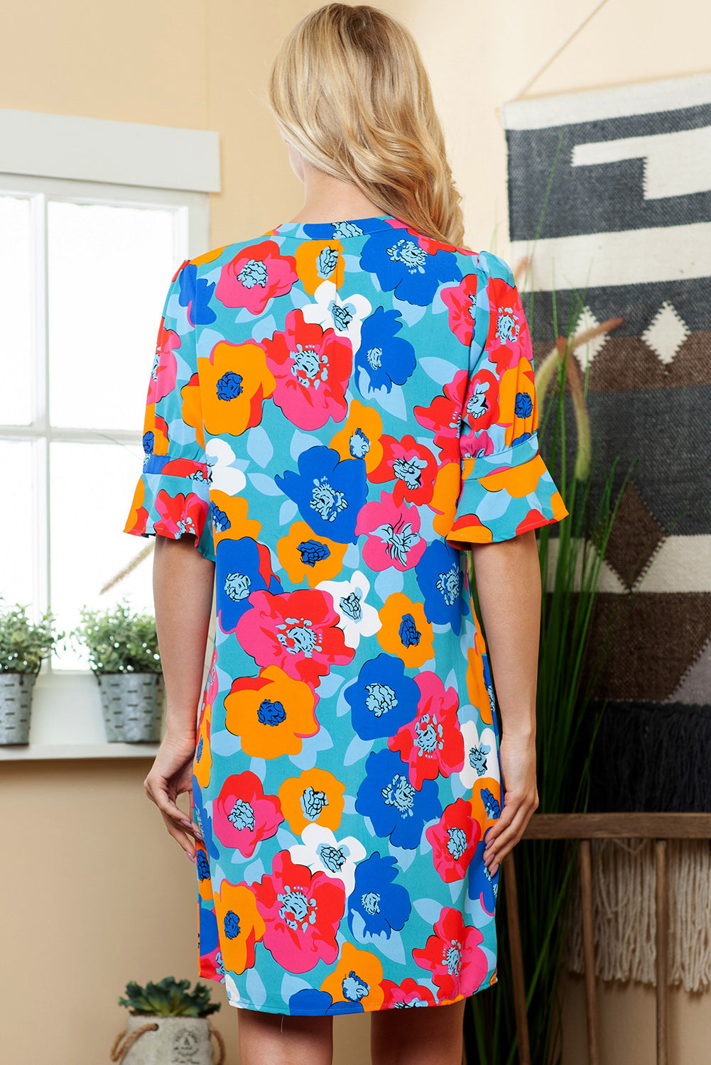 Rose Floral Print Mandarin Collar Short Sleeve Tunic Dress
