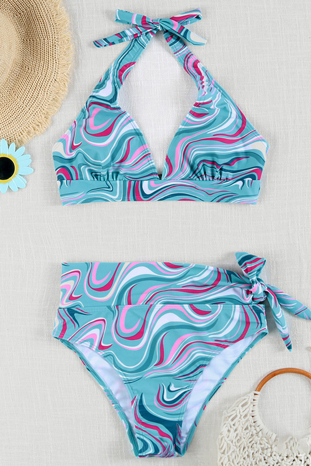 Sky Blue Swirl Camo Print High Waist Halter Bikini Set