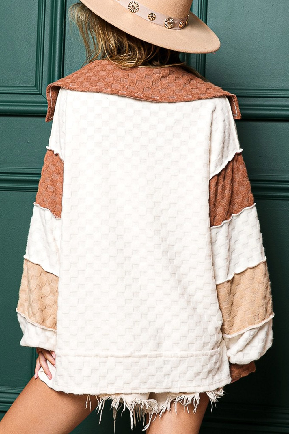 White Patchwork Lantern Sleeve Collared Top