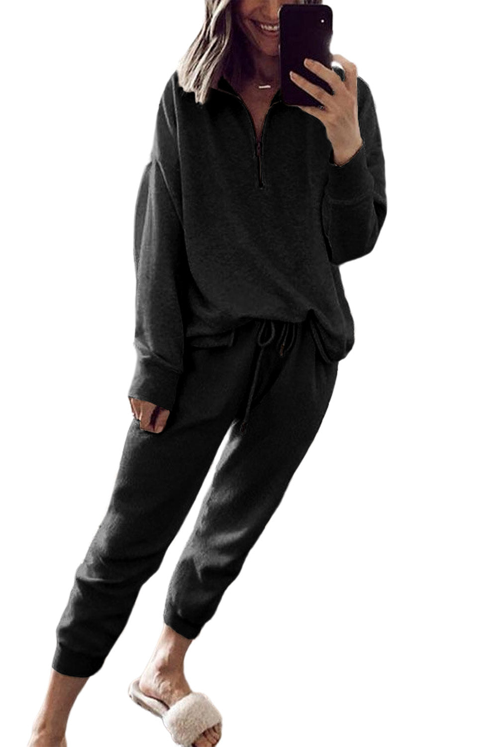 Blue Solid Color Half Zipped Top and Drawstring Pants Loungewear Set
