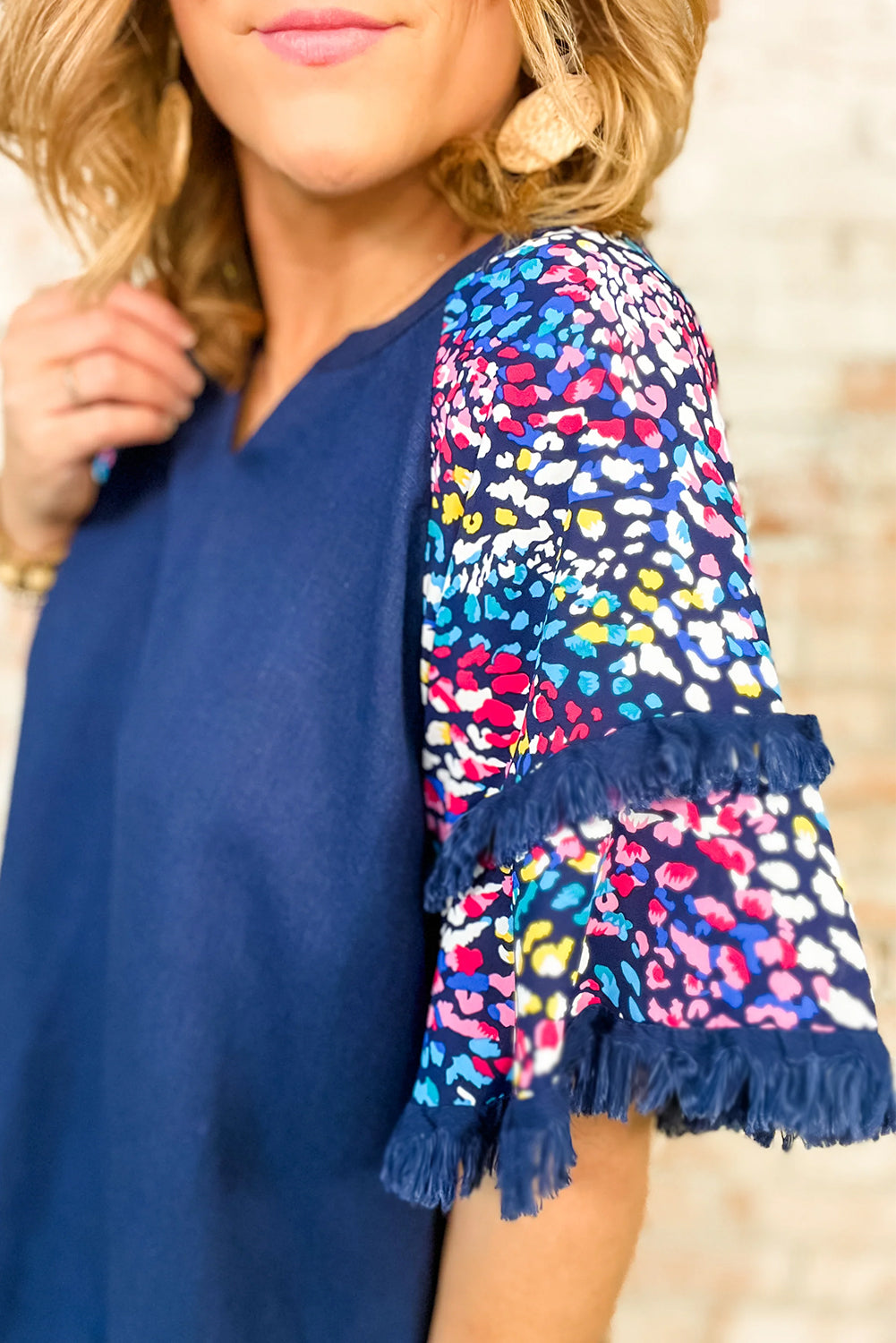 Multicolour Leopard V Neck Fringe Blouse