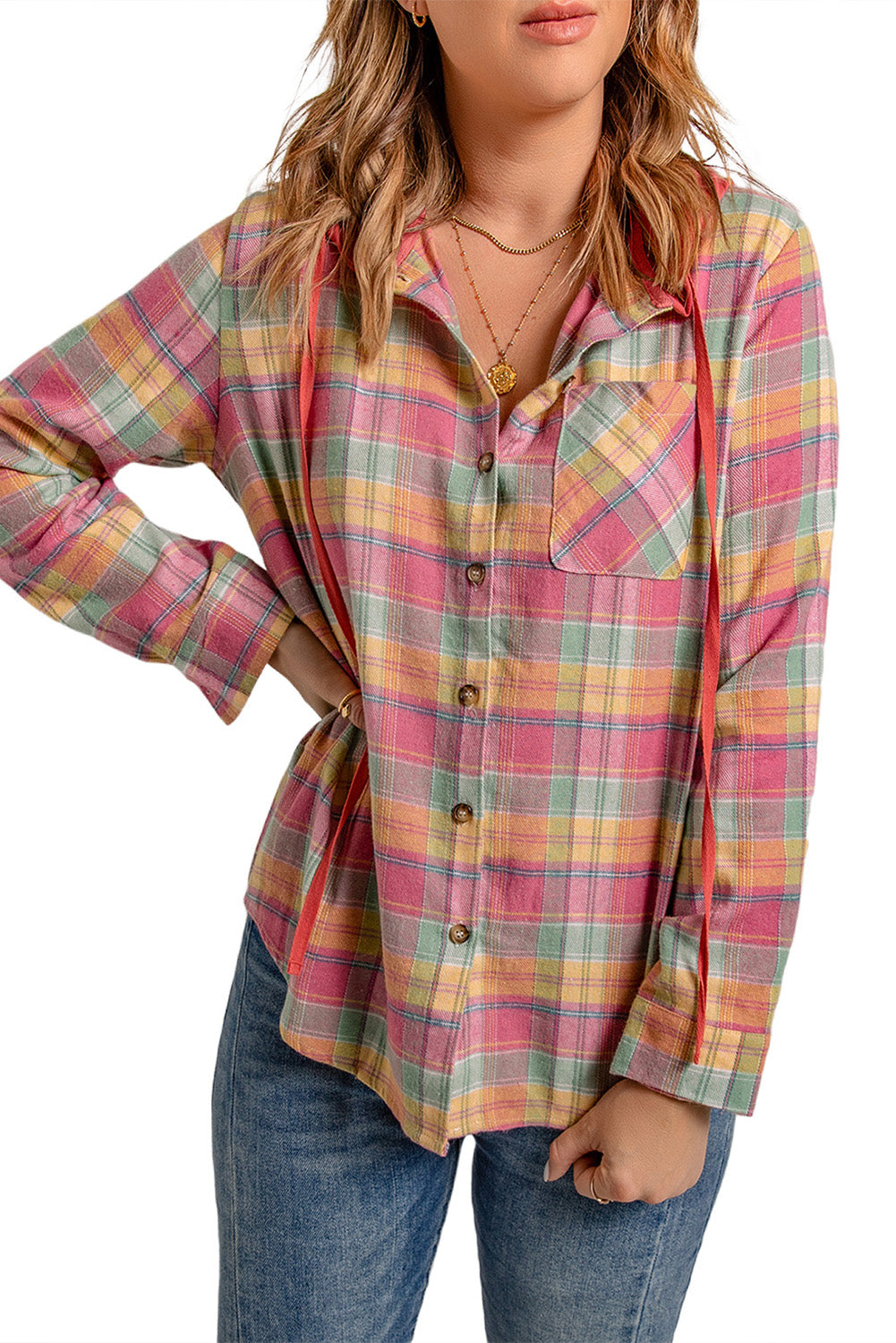 Black Plaid Drawstring Hooded Shacket