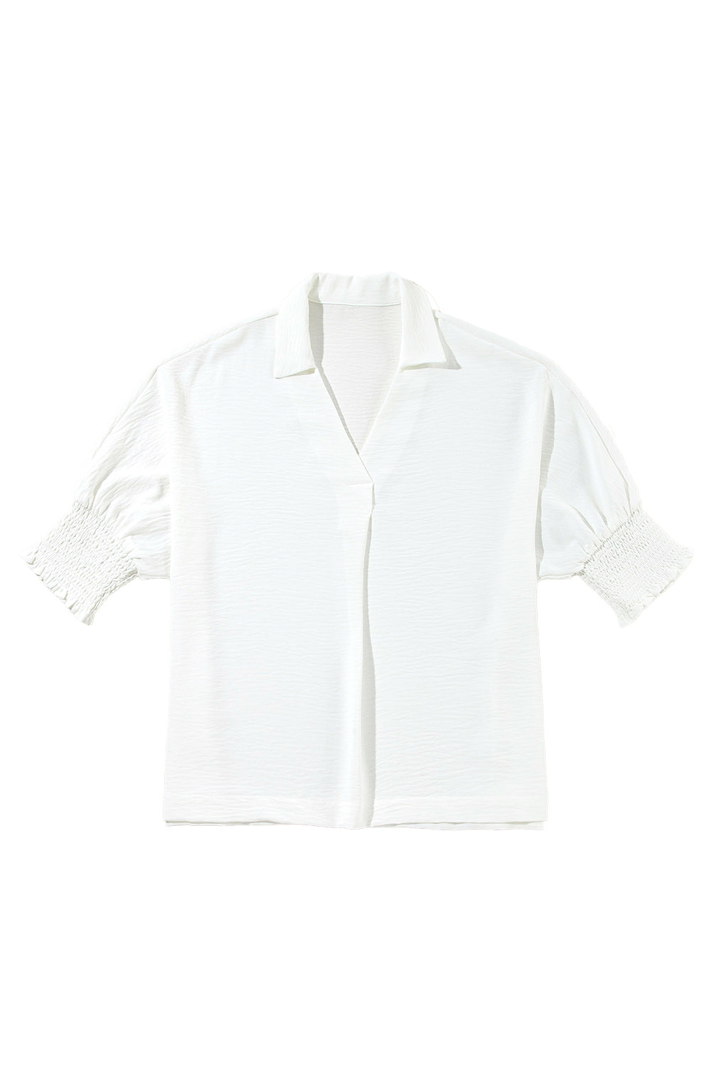 White Crinkled Collared Smocked Cuffs Dolman Blouse