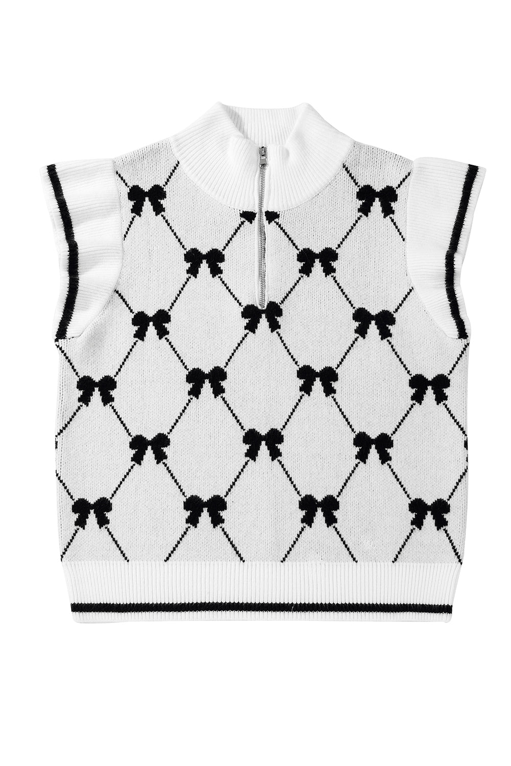 Black Preppy Vibes Bow Print Zipped Collar Sweater Tee