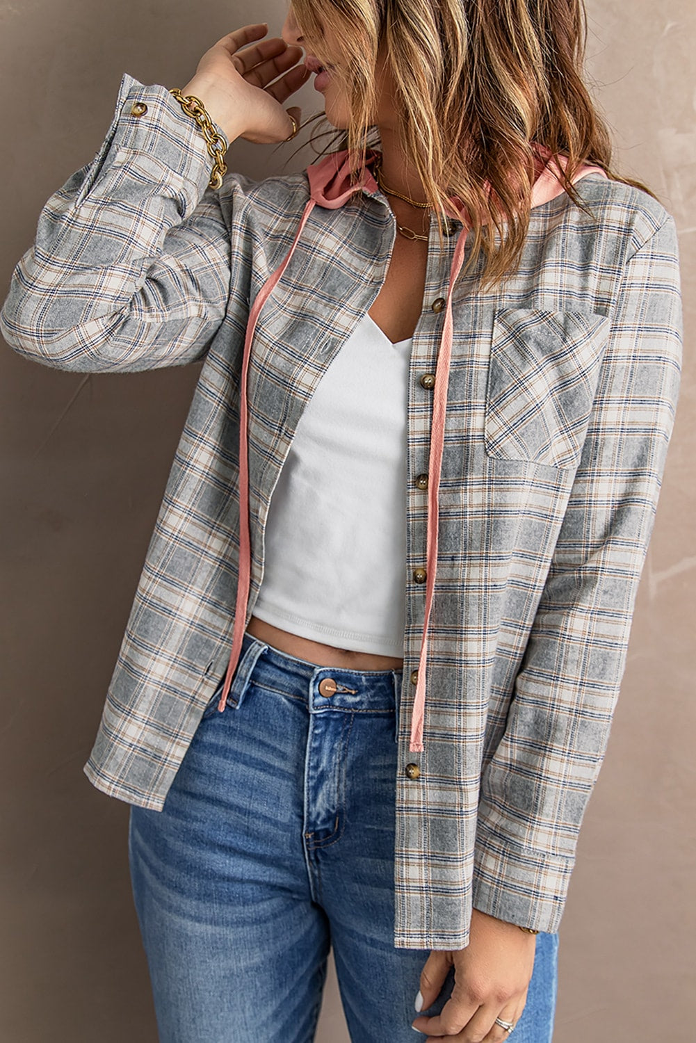 Black Plaid Drawstring Hooded Shacket