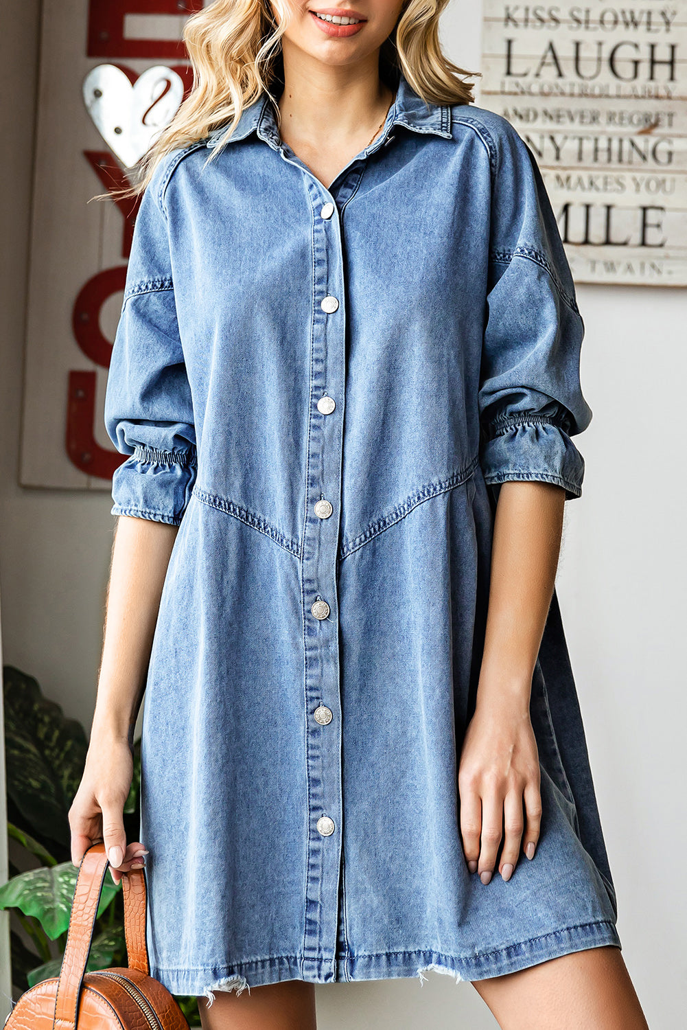 Light Blue Casual Buttoned Ruffle Denim Short Dress