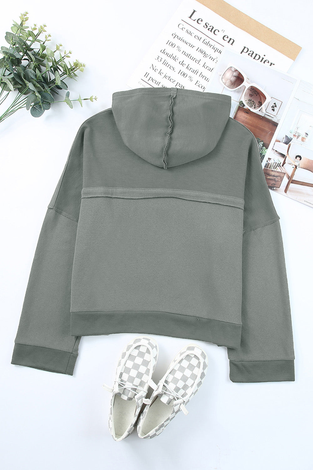 Khaki Solid Casual Button Patchwork Seam Trim Hoodie