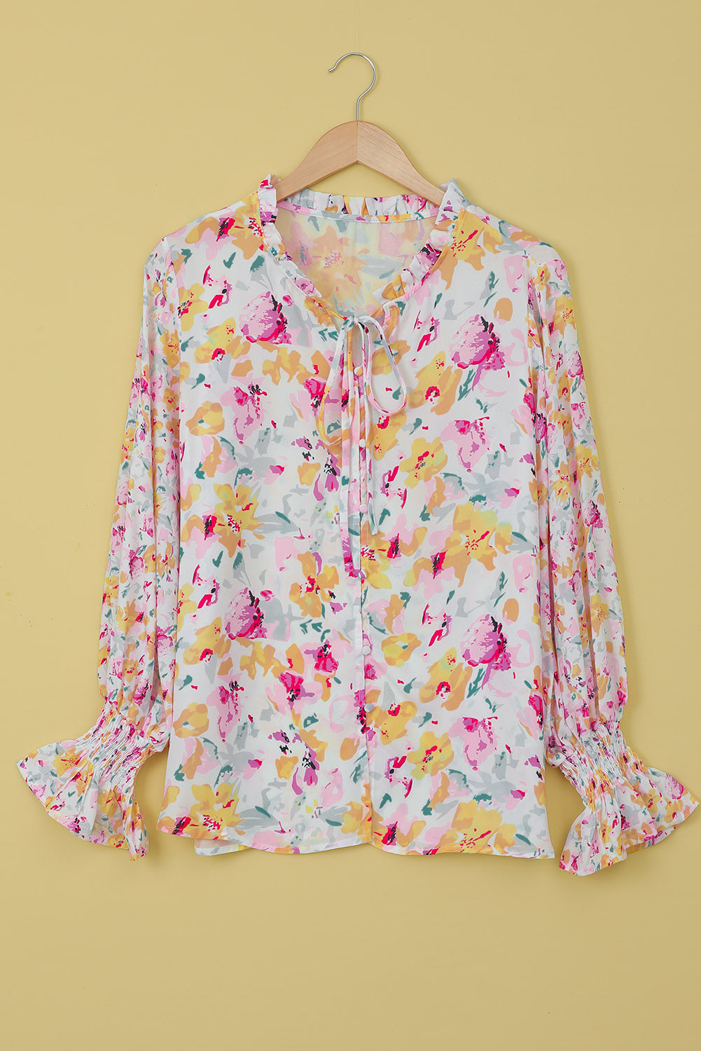 Red Floral Print Boho Tie Front Long Sleeve Blouse for Women