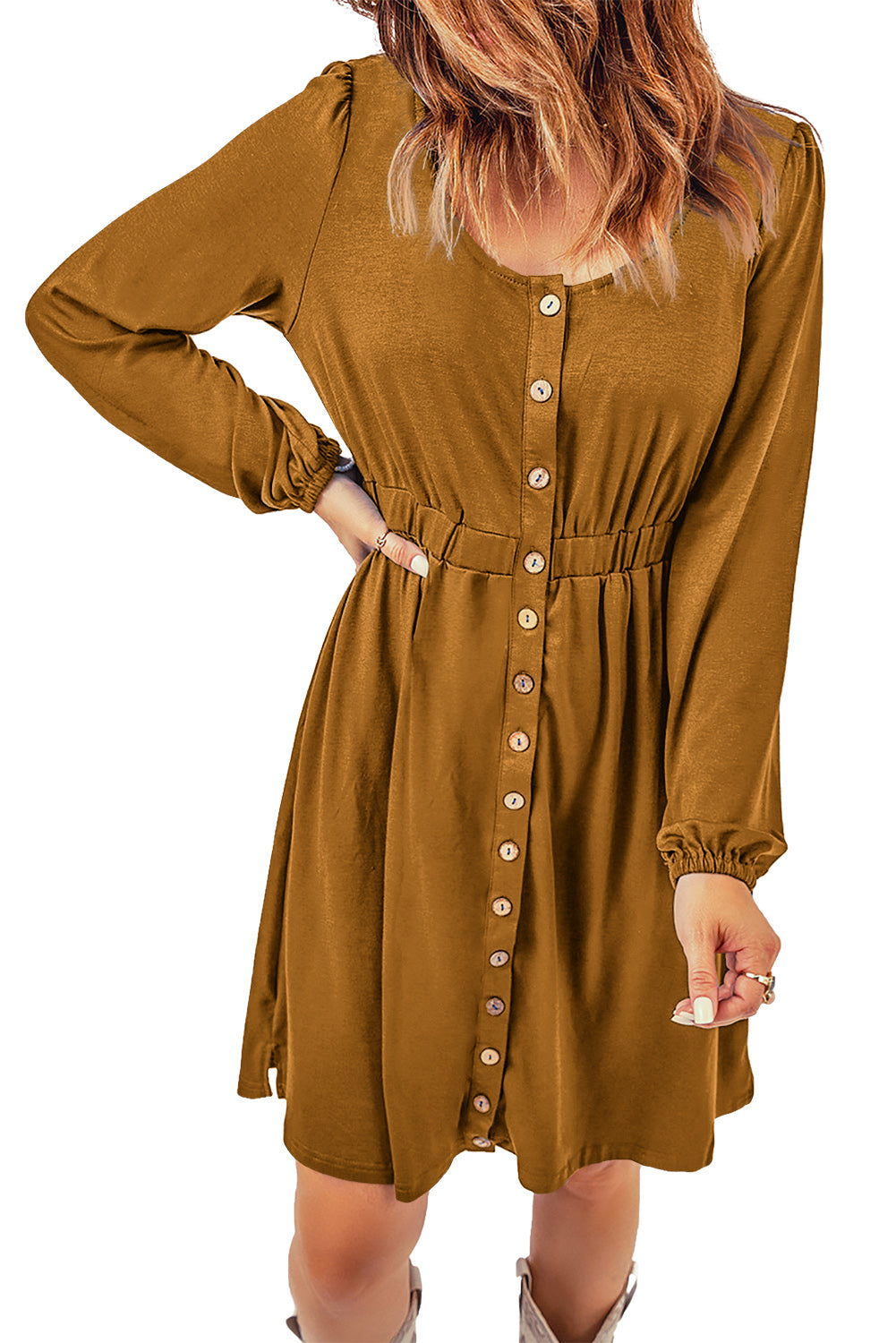 Green Button Up Casual High Waist Long Sleeve Dress