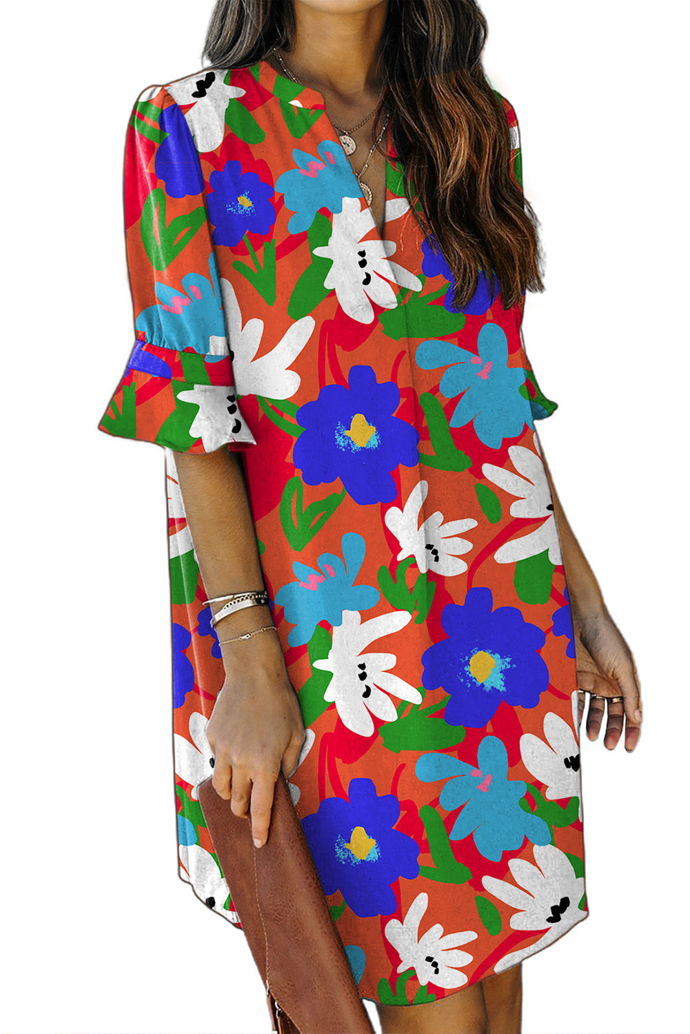 Rose Floral Print Mandarin Collar Short Sleeve Tunic Dress
