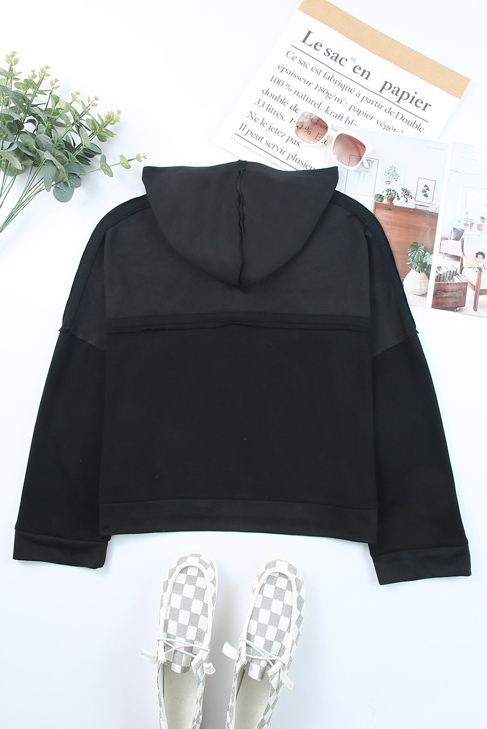 Khaki Solid Casual Button Patchwork Seam Trim Hoodie