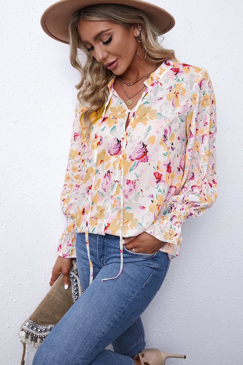 Red Floral Print Boho Tie Front Long Sleeve Blouse for Women