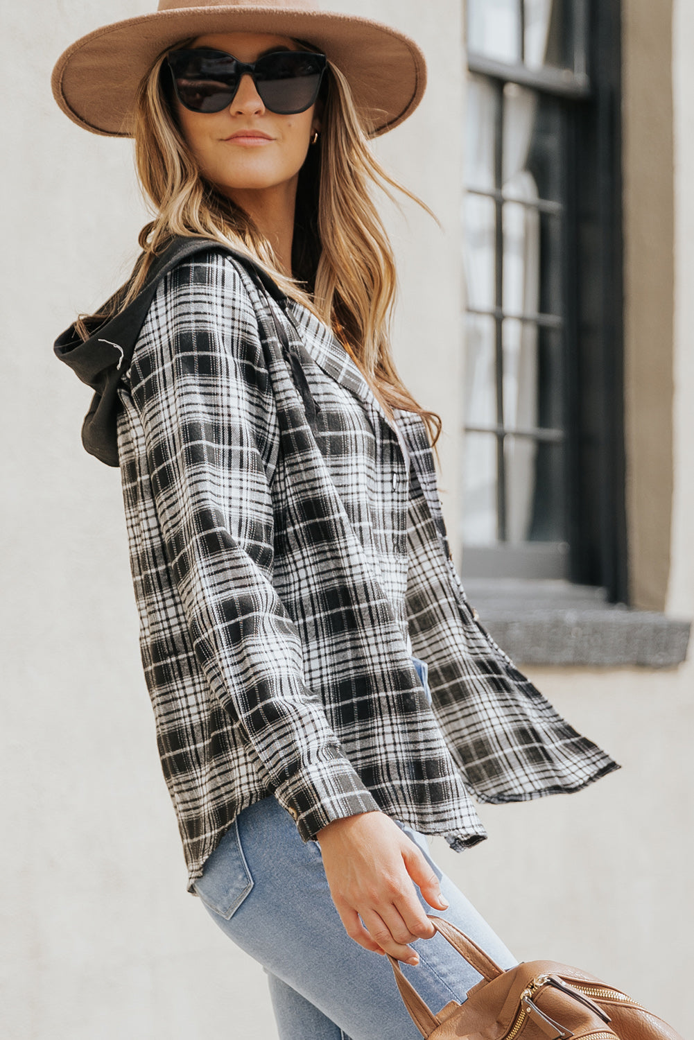 Black Plaid Drawstring Hooded Shacket