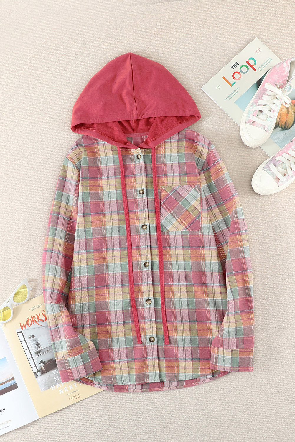 Black Plaid Drawstring Hooded Shacket